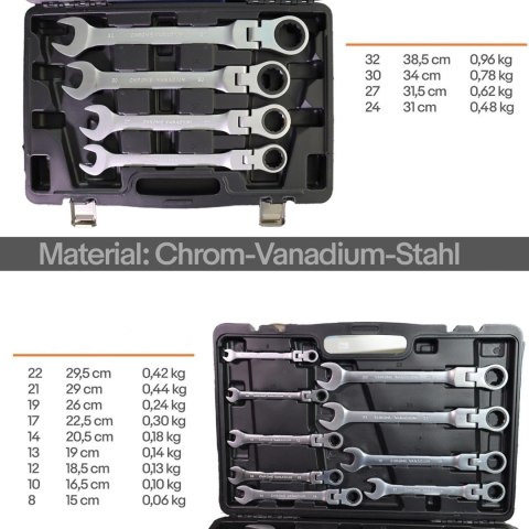 Klucze płasko-oczkowe łamane z grzechotką 13 elementów