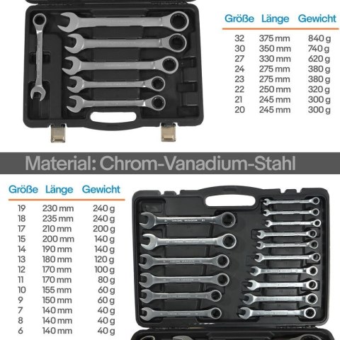 Klucze płasko-oczkowe z grzechotką 22 elementy