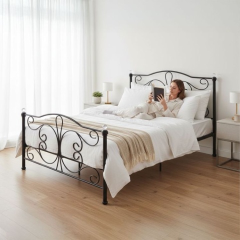 ŁÓŻKO metalowe 140x200 cm ze stelażem CZARNE KLASYCZNE