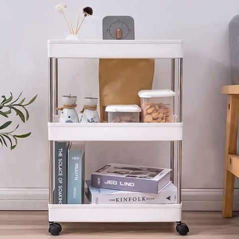 Plastikowy regał łazienkowy z 4 półkami kółka biały ModernHome