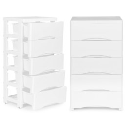 Regał z 5 wysuwanymi szufladami nogi z kółkami biały ModernHome