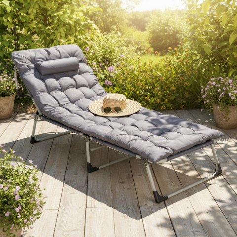 Leżak ogrodowy wędkarski składany z materacem i poduszką szary MultiGarden