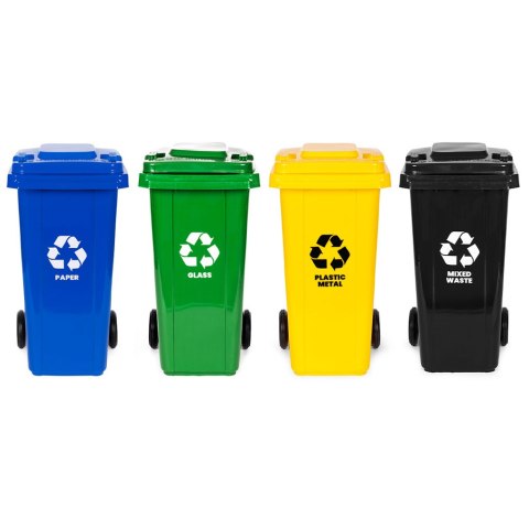 Zestaw 4 koszy na śmieci pojemniki 4x120L niebieski zielony żółty czarny makulatura szkło plastik odpady zmieszane gumowe koła