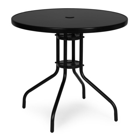Stolik ogrodowy okrągły 80 cm szkło hartowane otwór na parasol czarny MultiGarden