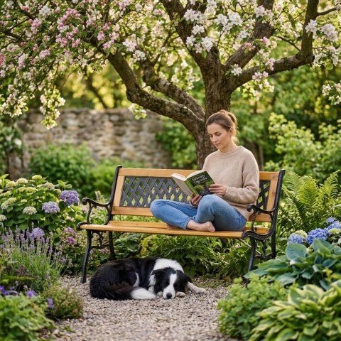 Drewniana ławka ogrodowa 126x51 cm z ażurowym oparciem i żeliwnymi nogami parkowa MultiGarden