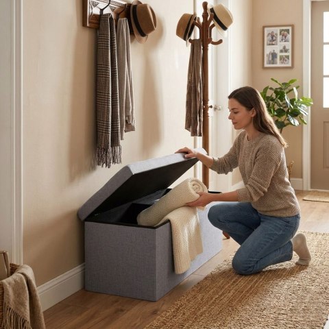 Pufa pikowana 111x38 cm ze schowkiem tapicerowana ława skrzynia jasnoszara ModernHome