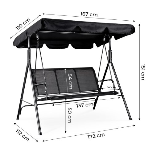 Huśtawka ogrodowa 3-osobowa bujana wolnostojąca stalowa czarna MultiGarden