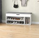 Szafka na buty z szarą poduszką i otwieranym siedziskiem 3 półki biała ModernHome