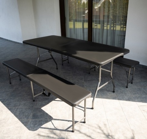 MEBLE OGRODOWE Cateringowe kpl. stół 180cm , 2 ławki + OBRUS Bankietowy - CZARNY