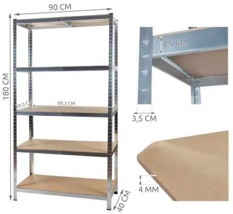 Regał Magazynowy Metalowy 180x90x40 875 kg 5 Półek MALATEC