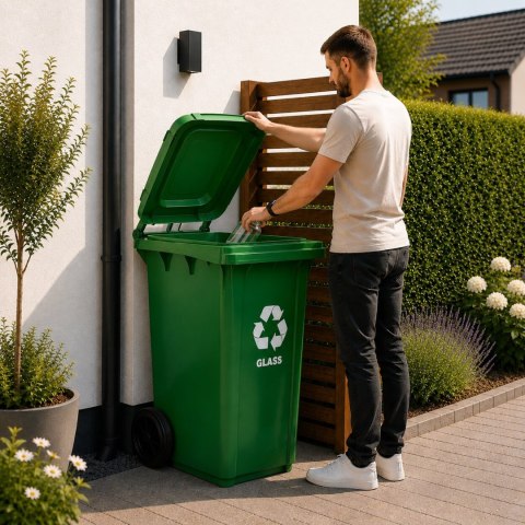 Zestaw 3 koszy na śmieci pojemniki 3x240L niebieski zielony żółty makulatura szkło plastik gumowe koła