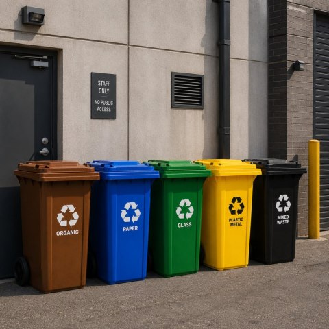 Zestaw 4 koszy na śmieci pojemniki 4x240L niebieski zielony żółty czarny makulatura szkło plastik odpady zmieszane gumowe koła
