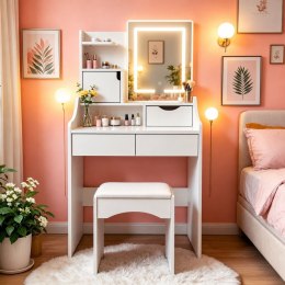 Toaletka kosmetyczna z lustrem i oświetleniem LED 3 barwy półki szuflady taboret ModernHome