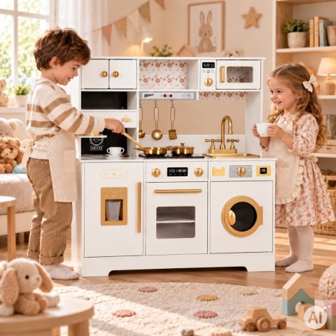 Drewniana duża kuchnia dla dzieci ekspres do kawy kostkarka do lodu akcesoria biała ECOTOYS