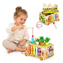 Drewniana kostka edukacyjna żabka 8w1 wózek sorter cymbałki łowienie robaczków ECOTOYS
