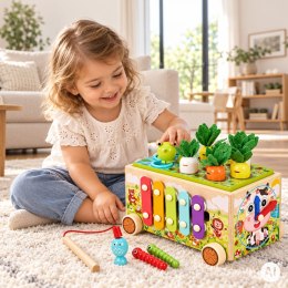 Drewniana kostka edukacyjna żabka 8w1 wózek sorter cymbałki łowienie robaczków ECOTOYS