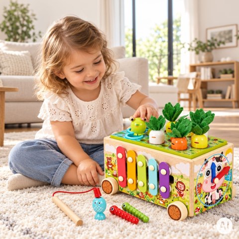 Drewniana kostka edukacyjna żabka 8w1 wózek sorter cymbałki łowienie robaczków ECOTOYS