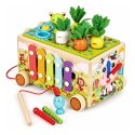 Drewniana kostka edukacyjna żabka 8w1 wózek sorter cymbałki łowienie robaczków ECOTOYS