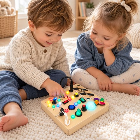Drewniana tablica manipulacyjna interaktywna przełączniki światła LED ECOTOYS