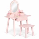 Drewniana toaletka dziecięca lustro LED szuflada taboret 6 akcesoriów różowa ECOTOYS