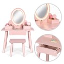Drewniana toaletka dziecięca lustro LED szuflada taboret 6 akcesoriów różowa ECOTOYS