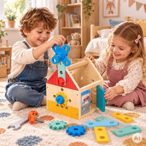 Drewniany domek z narzędziami zestaw majsterkowicza młotek śrubki 32 elementy ECOTOYS