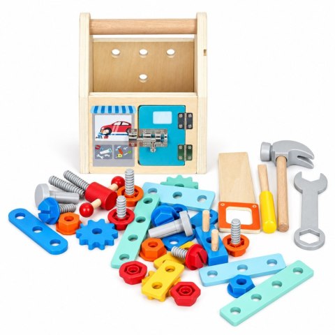 Drewniany domek z narzędziami zestaw majsterkowicza młotek śrubki 32 elementy ECOTOYS