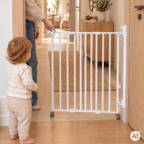 Bramka barierka zabezpieczająca 65-106 cm na schody i drzwi stal kółka biała ECOTOYS