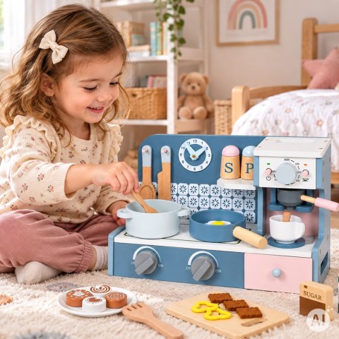Drewniana mini kuchnia dla dzieci ekspres do kawy zestaw 27 akcesoriów ECOTOYS