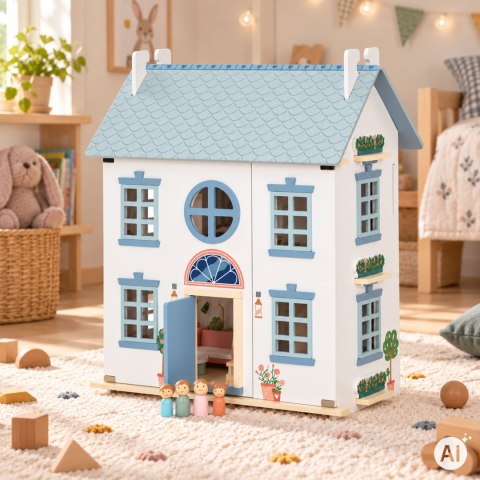 Drewniany domek dla lalek Lily otwierany 3 piętra 5 pomieszczeń meble figurki ECOTOYS