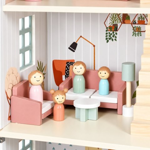 Drewniany domek dla lalek Lily otwierany 3 piętra 5 pomieszczeń meble figurki ECOTOYS