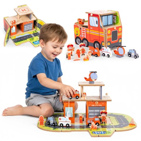 Drewniany garaż zestaw straży pożarnej 2w1 - remiza i wóz 2 piętra figurki pojazdy ECOTOYS