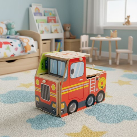 Drewniany garaż zestaw straży pożarnej 2w1 - remiza i wóz 2 piętra figurki pojazdy ECOTOYS