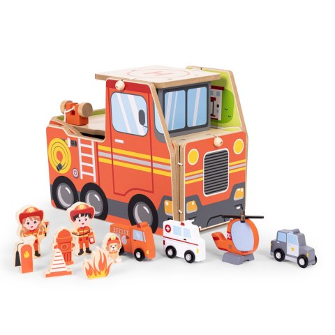 Drewniany garaż zestaw straży pożarnej 2w1 - remiza i wóz 2 piętra figurki pojazdy ECOTOYS