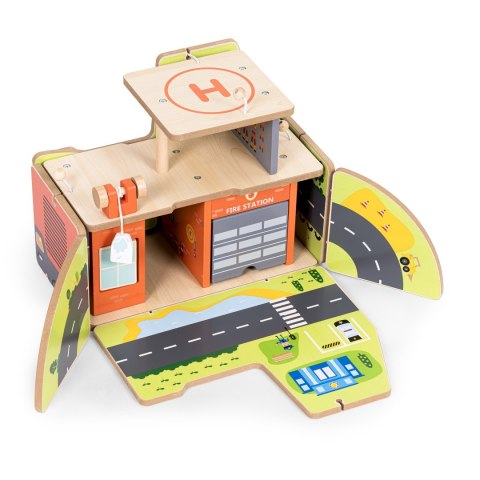 Drewniany garaż zestaw straży pożarnej 2w1 - remiza i wóz 2 piętra figurki pojazdy ECOTOYS