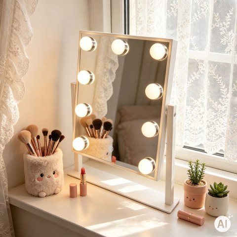 Lustro do makijażu LED 25x30 cm kosmetyczne podświetlane 3 barwy 9 żarówek ModernHome