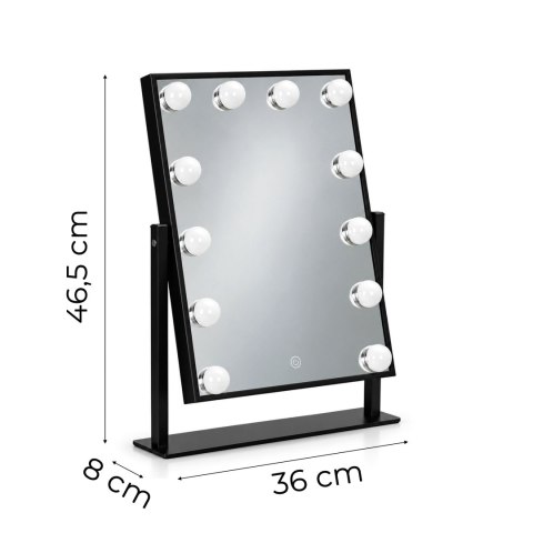 Lustro do makijażu LED 30x40 cm kosmetyczne podświetlane 3 barwy 12 żarówek czarne ModernHome