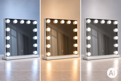 Lustro do makijażu LED 50x40 cm kosmetyczne podświetlane 3 barwy 13 żarówek ModernHome